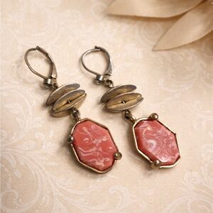 Vintage KC Stamped Dangle Silver Tone Pink White Swirl Earrings Pierced